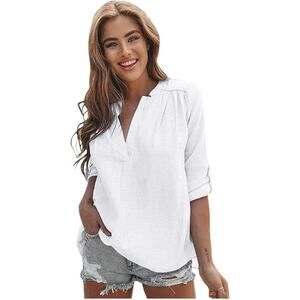 Casual Long Cuffed Sleeve White V-Neck Blouse XL